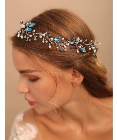 Deniferymakeup Women Pearl Wreath Light Blue Crystal Hair Vine Rhinestone Wedding Hair Accessory Gift for Her Party Headpiece for Bride Bridesmaid Girls