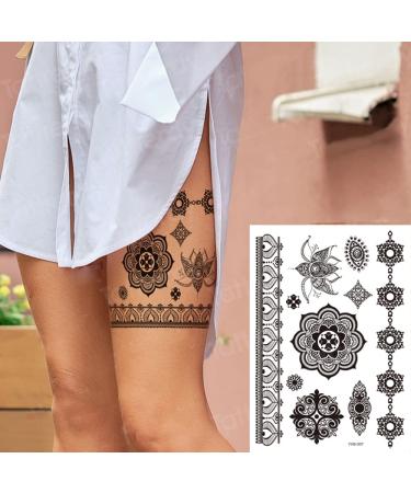 Black Henna Temporary Tattoos Set - Sexy Lace, Indian Mandala, Elephant, Flower Chain Designs - Waterproof Body, Arm, Face Decals for Wedding Party - 6 Sheets - Buy Online on SooperMarket.com