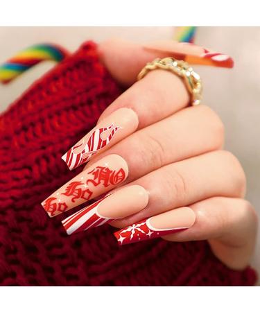 Vatocu Christmas False Nails Long Xmas Press on Nails Snowflakes Glitter Fake Nails Ballerina Acrylic Stick on Nails for Women and Girls(24pcs)