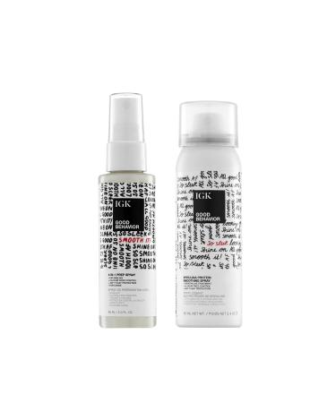 IGK GOOD BEHAVIOR Smoothing Frizz Fighters Travel Set | 4-in-1 Prep Spray + Spirulina Protein Smoothing Spray | Frizz Control + Heat Protectant | Vegan + Cruelty Free Good Behavior 2 Fl Oz + 2.4 Fl Oz (Pack of 2)