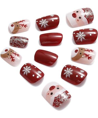 Vatocu Christmas False Nails - Short Red Press On Nails with Snowflakes, Elk, Snowman Design - 24pcs for Women and Girls - Buy Online on SooperMarket.com