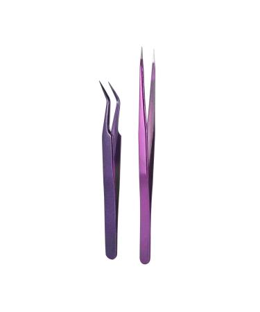 Straight & Curved Tweezers 2 Pieces Eyelash Extension Tweezers Set Stainless Steel Tweezers Lash Extension Tweezers Eye Makeup Tools Purple