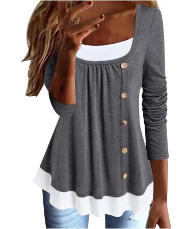 Women's Long Sleeve Color Block Fake Two Shirt - Gray Medium | Crew Neck Henley Button Up Blouse - Buy Online on SooperMarket.com