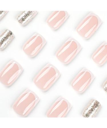 Glitter Acrylic French Tip Press On Nails - Square False Nails with Cute Designs - Medium White Full Cover Stick On Nails for Women - Manicure Decoration - Style 6 - Buy Online on SooperMarket.com