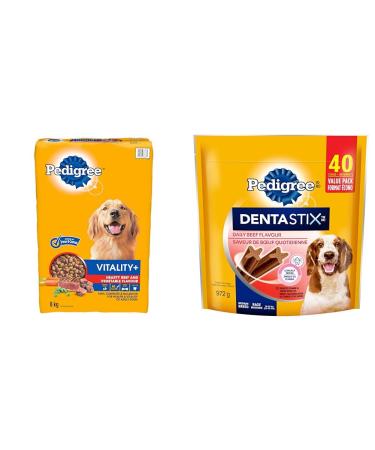 PEDIGREE VITALITY+ Adult Dry Dog Food Hearty Beef and Vegetable 8kg Bag & DENTASTIX Oral Care Adult Dog Treats for Medium Dogs - Beef 40 Sticks