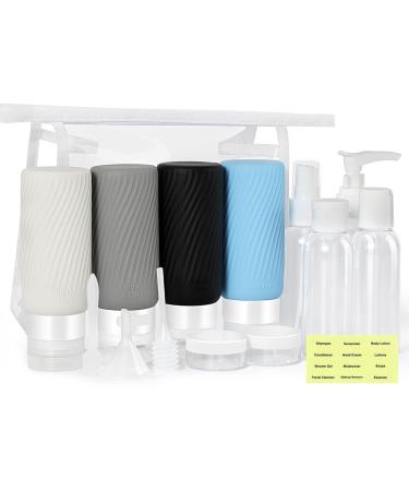Moko travel bottles for filling 100ml 15 pieces of silicone travel bottles set portable journey gadgets with PVC bag for shampoo lotion cream soap travel essentials for women men black/gray/blue/white