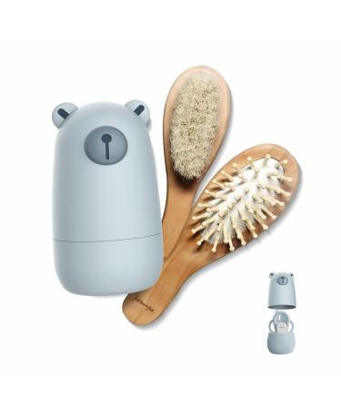 6-in-1 Baby Grooming Set Natural Wooden Hairbrush and Comb Nail Clippers Nail Scissors Nail File and Tweezers for Kids and Newborns in Nice Gift Box (Blue b)