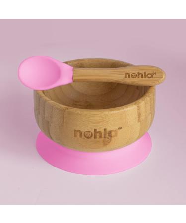 Nohla Bamboo Baby & Toddler Suction Plate Bowl Set with Silicone Spoon - Eco-Friendly BPA-Free Weaning Kit for Secure Grip on Smooth Surfaces - Pink - Buy Online on SooperMarket.com