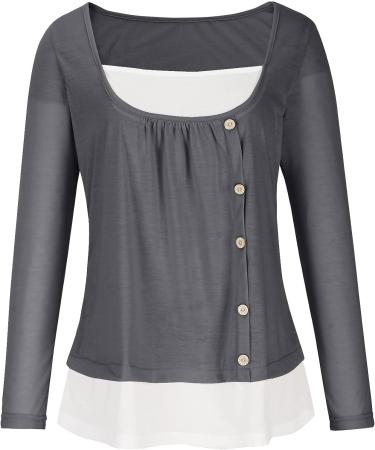 Women's Long Sleeve Color Block Fake Two Shirt - Gray Medium | Crew Neck Henley Button Up Blouse - Buy Online on SooperMarket.com