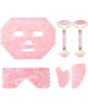 BAYDE Rose Quartz Roller & Gouache Face Eye Mask Set - 6-in-1 Natural Crystal Facial Care Tool for Face Lifting & Anti-Wrinkle - Buy Online on SooperMarket.com
