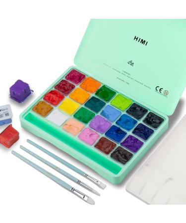 HIMI Gouache Paint Set 24 Colors x 30ml/1oz with 3 Brushes & a Palette Unique Jelly Cup Design Non-Toxic Guache Paint for Canvas Watercolor Paper - Perfect for Beginners Students Artists(Green) Green Case