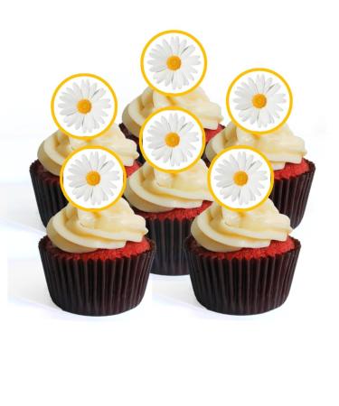 24 Daisy Flower Edible PREMIUM THICKNESS SWEETENED VANILLA Wafer Rice Paper Cupcake Toppers/Decorations UNCUT