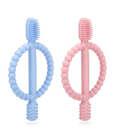 Baby biting toys 2 pieces of children's toothbrush toothing aid bite ring made of silicone BPA-free stimulating and massaging wound gums from 3 months Blue & Pink