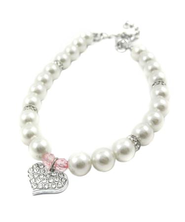Alfie Pet - Pinky Crystal Heart Pearl Necklace - Size: L (12"- 14") for Dogs and Cats Large Single