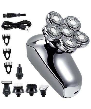 6 in 1 Multifunction Rechargeable Electric Men Electric Shaver 6D Floating Heads Low Noise Mens Head Shaver for Men Silver With Box