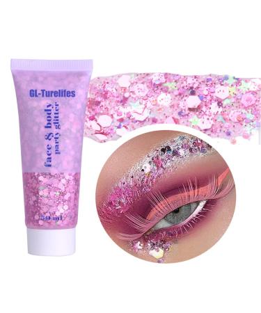 GL-Turelifes Chunky Glitter Gel Glitter Body Gel Festival Glitter Cosmetic Face Hair Nails Makeup Mermaid Sequins Liquid Eyeshadow Long Lasting Sparkling 50ml Easy to Apply Easy to Remove (#03 Pink) #03Pink