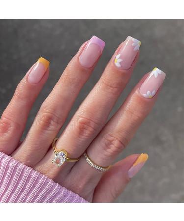 24Pcs Press on Nails French Yellow Purple Border Fake Nails Full Cover Reusable for Women and Girls DIY Manicure Salon Beginners 05
