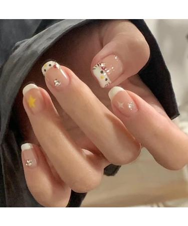 Cute False Nails French White Kitty Stick on Nails 24pcs Short Square Press On Nails with Glue Kitty Design Sweet Fake Nails for Kids Women Girls Maggidea Press On Nail (French Kitty) - Buy Online on SooperMarket.com