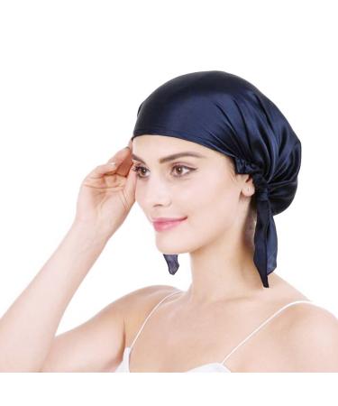 OROPY 100% Silk Sleep Cap Hair Beauty Night Cap Women for Hair Loss Breathable Cap One Size Navy Blue