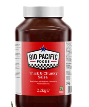 Thick & Chunky Salsa Dipping Sauce 2.2L Rio Pacific Restaurant Quality Visible Onion Dices with chunks of Tomato Red Pepper and flecks of Oregano.