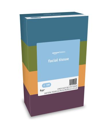 Amazon Basics Facial Tissue (4 Flat Boxes), 160 Tissues per Box (640 Tissues Total) (Previously Solimo)