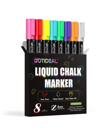 GOTIDEAL Liquid Chalk Markers  Bold Tip 8 Colors Washable Window Chalkboard Glass Pens  Paint and Drawing for Car  Blackboard  & Bistro Kids and Adults  Non-Toxic Wet Erase - Reversible Tip 6mm-8 Colors