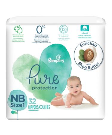 Diapers Newborn/Size 1 (8-14 lb), 32 Count - Pampers Pure Protection Disposable Baby Diapers, Hypoallergenic and Unscented Protection, Jumbo Pack (Packaging & Prints May Vary) Size 1 (32 Count)