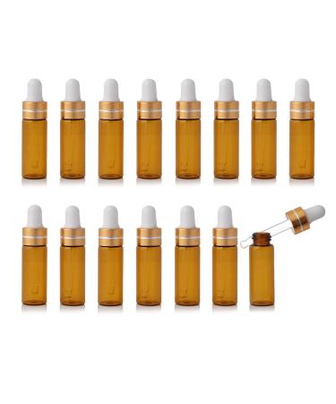 Enslz 15 pieces mini amber -colored refillable glass bottles for essential oils perfume cosmetics samples storage with golden screw caps (5 ml)