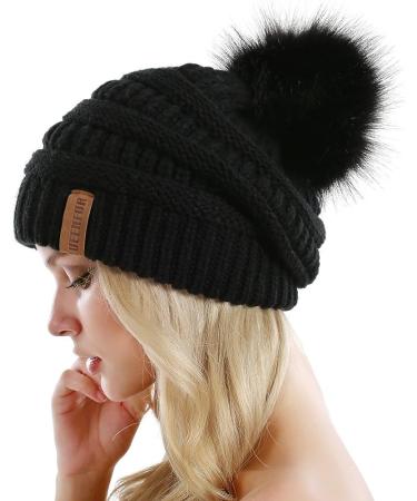 QUEENFUR Women's Slouchy Beanie with Faux Fur Pompom - Black | Winter Ski Cap - Buy Online on SooperMarket.com