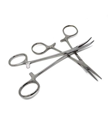 Two Piece Set - 5" Mosquito Hemostat Forceps with 3 Position Lockings Curved + Straight Teeth Polished Finish Pliers