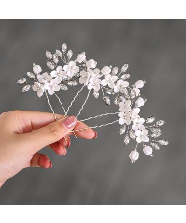 Heread Flower Bride Wedding Hair Pins Crystal Bridal Head Piece Rhinestones Hair Accessories for Women and Girls (Pack of 3) (B Silver)