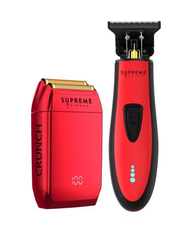 Supreme Trimmer 2-in-1 DLC T-Shaper Trimmer & Crunch Foil Shaver | STF602 Electric Razor & ST5215 Beard Trimmer Barber Haircut Kit | Red