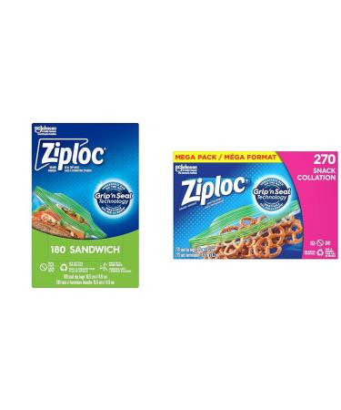 Ziploc Snack and Sandwich Bags for On-The-Go Freshness Grip 'n Seal Technology for Easier Grip Open and Close 180 Count & Snack and Sandwich Bags for On-the-Go Freshness 270 Count 180 Count (Pack of 1) Bags + Sandwich Bags 270 Count
