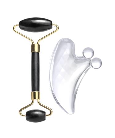 BS-MALL Jade Roller & Gua Sha Scraping Board Anti Aging Black Obsidian Face Roller Massager   Applicator for Face  Neck and Body Muscle Face Roller Massage Tool