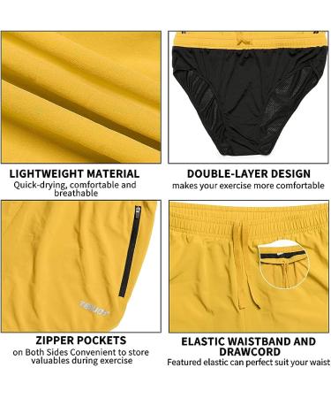 TENJOY Men's 3 Running Shorts Gym Athletic Workout Shorts with Zipper Pocket - Yellow, Small - Buy Online on SooperMarket.com