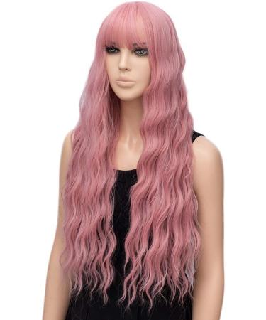 YEESHEDO 28 Inch Long Pink Synthetic Wavy Wig with Fringe for Women - Ideal for Party, Cosplay, or Daily Wear - Buy Online on SooperMarket.com