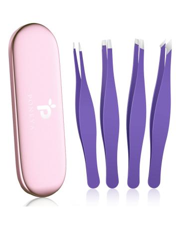 Tweezers Set for Women & Men, 4 PCS Professional Stainless Steel Eyebrow Tweezers, Great Precision Tweezers for Eyelashes, Splinter & Facial & Ingrown Hair Removal with Iron Travel Case(Purple)