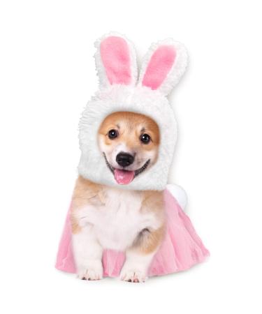 Whaline Easter Pet Bunny Costume Set Including Cute Bunny Rabbit Hat with Ear Pet Headband Lace Skirt Tail White Pink Pet Theme Party Accessory Supplies for Small Dog Cat, 3 Pieces