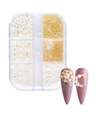 SRMAN 1Box Pearl Decorations Nail Charms White Round Nail Parts Gold Steel Beads Balls Jewelry Nail Art Accessories Color:ZZ01