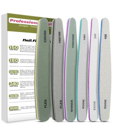 Professional Nail File Set Double Sided Grit 100/150/180/220/240/280/1000/4000 Buffer Emery Board Manicure Tools For Nail Grooming and Styling Acrylic Gel Nail Buffer File Block Nail Polisher 6 Pcs