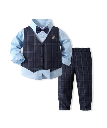 Volunboy Baby Boys Gentleman Suit Toddler Formal Waistcoat Outfit Wedding Shirts + Vest +Bow Tie 4 PCS Set 18-24 Months Blue