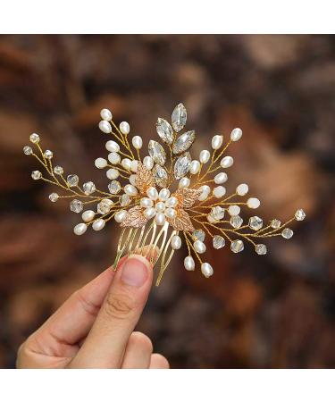 Casdre Pearl Bride Wedding Hair Comb Crystal Bridal Hair Accessories Rhinestone Hair Piece for Women and Girls (Gold)
