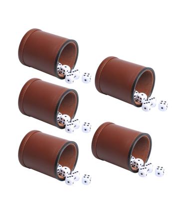 RERIVER 5 Pack PU Leather Dice Cups Velvet Felt-Lined Shaker Cups with 25 Dot Dice for Bar Party Yahtzee Farkle Dice Games, Brown