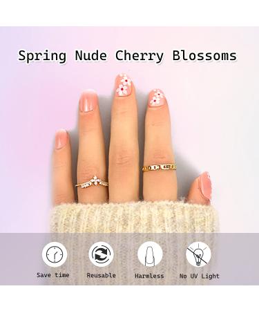 Cherry Blossom Flower Press on Nails - Short Pink Square Fake Nails with Nail Glue | French Acrylic Full Cover False Nails for Women & Girls - 24PCS - Buy Online on SooperMarket.com