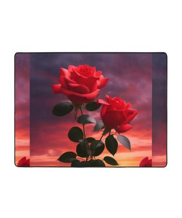Two Red Roses Flannel Non-Slip Floor Mat - Comfortable Lint-Free Relieving Foot Pressure Suitable for Many Occasions Size: 63x48 Inches
