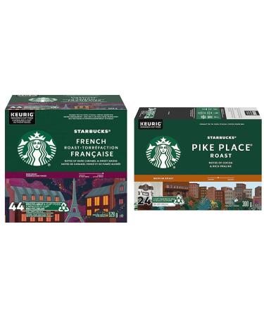Starbucks French Roast Dark Roast Ground Coffee K-Cup Pods 44 ct Box & Pike Place Medium Roast K-Cups Single Serve Keurig Compatible Coffee Pods for Keurig Brewers - 24 Capsules