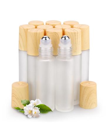 12 Pack Essential Oil Roller Bottles, sungwoo 10ml Frosted Clear Glass Roller Bottles with Stainless Steel Roller Balls and Caps for Travel, Perfume and Lip Gloss Frosted-12 Pack Clear