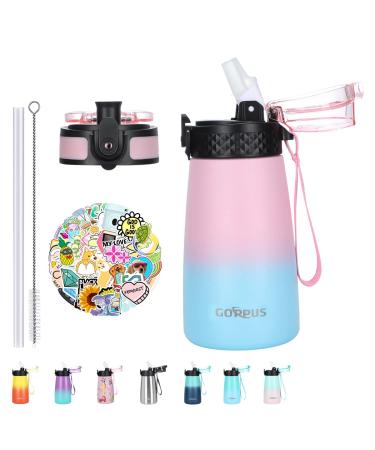 GOPPUS Kids Insulated Water Bottle 12 oz BPA-FREE Double Wall Vacuum Stainless Steel Kids Cup Leakproof Metal Water bottles with Straw & Spout Lid Strap Handle 10pcs Stickers for Toddler Girls Boys School 12 oz pink blue