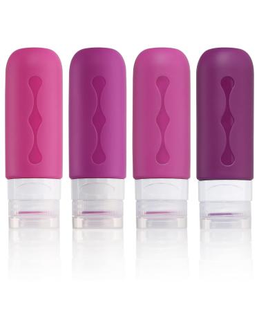 Gemice Portable Travel Bottle 4 Pack Silicone Travel Containers Set LeakProof Refillable Squeezable for Lotion Liquid Shampoos Soap and Toiletries (90ml) Purple
