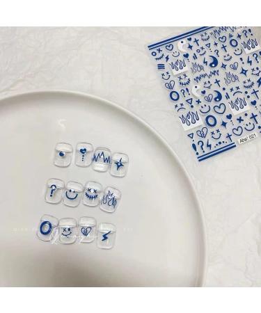 Klein Blue Flame Smiley Face Nail Art Sticker Decals - Minimalist Style Impressionist Lines Star Design - 4 Colors - Men and Women Nail Art Decoration - Buy Online on SooperMarket.com